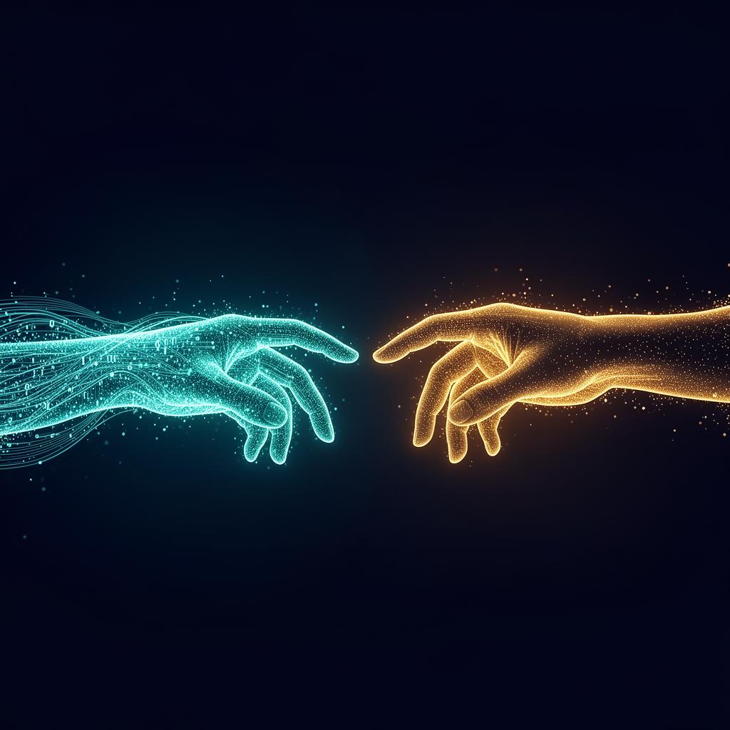 Illustration of AI and human hands meeting in collaboration